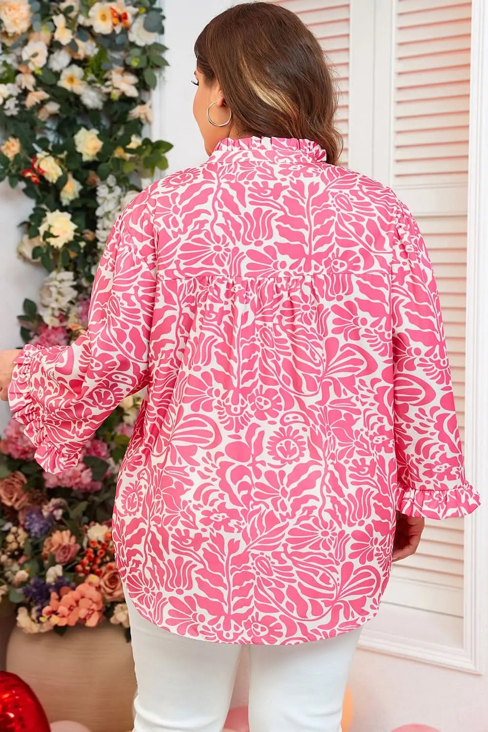 Pink Plus Size Floral Print Frilled Neck Puff Sleeve Top - Love Salve